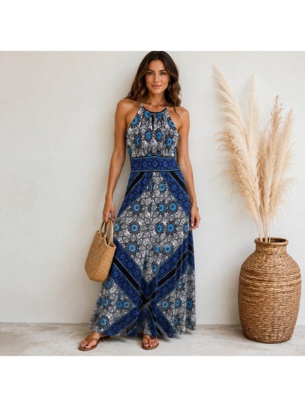 Dressbarn Halter Neckline Maxi Dress Blue Tile Print Bohemian Festival Sz 6 - Picture 1 of 7